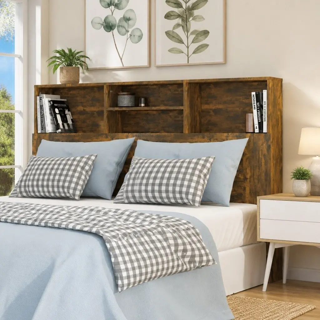 Brown Wall-Mount Headboard Cabinet for Storage