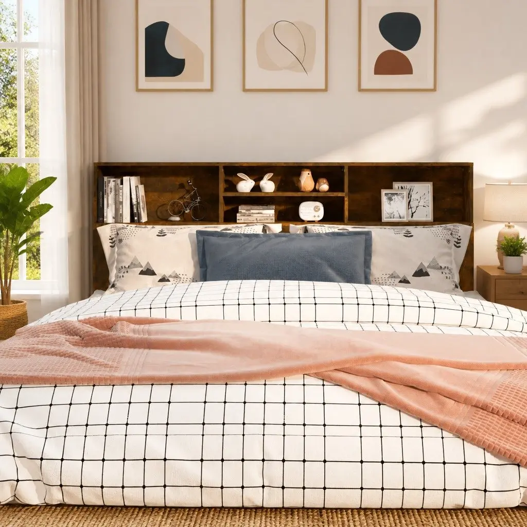 Brown Wall-Mounted Headboard Cabinet for Bedroom Storage