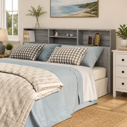 Grey 200cm Wall-Mounted Headboard Cabinet for Storage