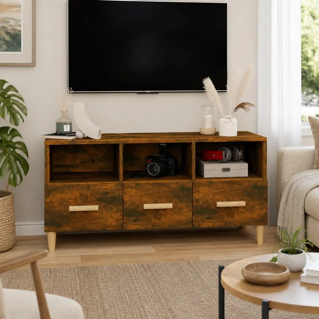 TV Cabinet Brown Engineered Wood Storage Unit Media Console with Drawers