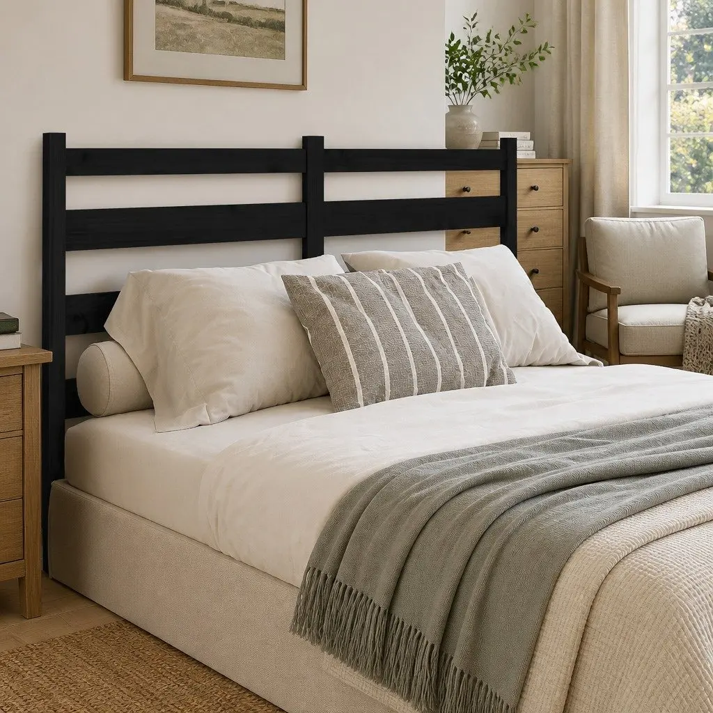 Wooden Bed Headboard Black Slatted 141cm Solid Pine Modern