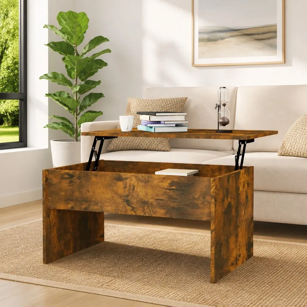 Coffee Table Lift Top Smoked Oak Modern 80L x 50.5W x 41.5H cm Engineered Wood