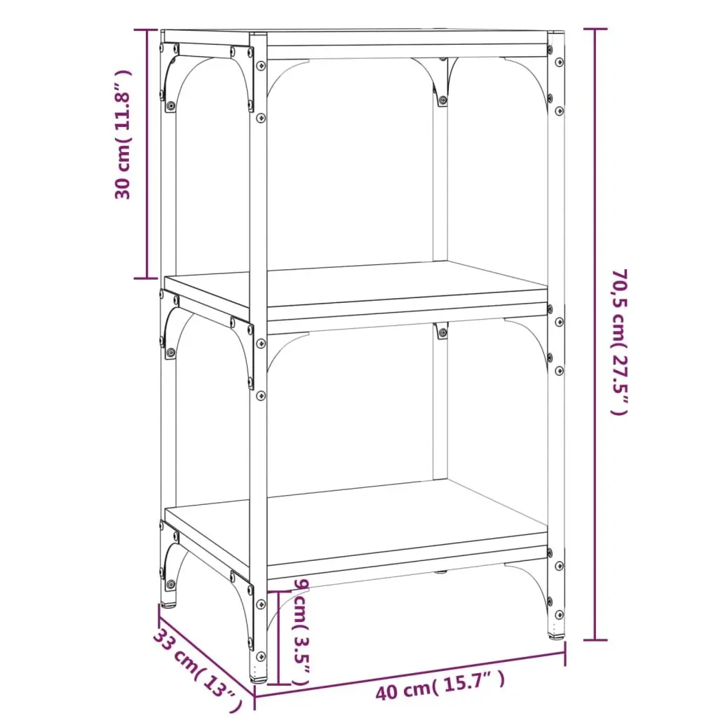 3-Tier Black Storage Shelf Engineered Wood Steel Frame Book Cabinet