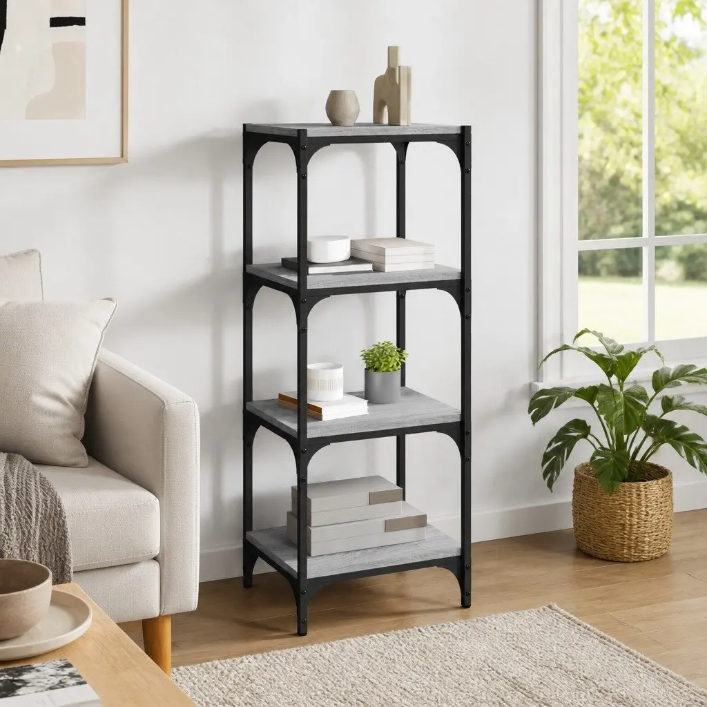 Book Cabinet Industrial Grey 4 Shelf Engineered Wood Steel Frame