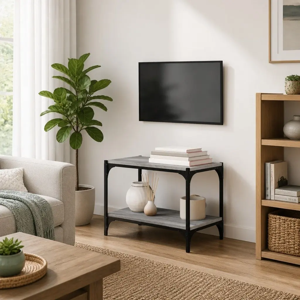 TV Cabinet Grey Engineered Wood Steel Frame 2 Shelf Storage Living Room