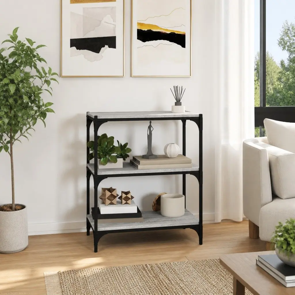 Book Cabinet Grey Industrial Style 3 Shelf Engineered Wood Steel Frame