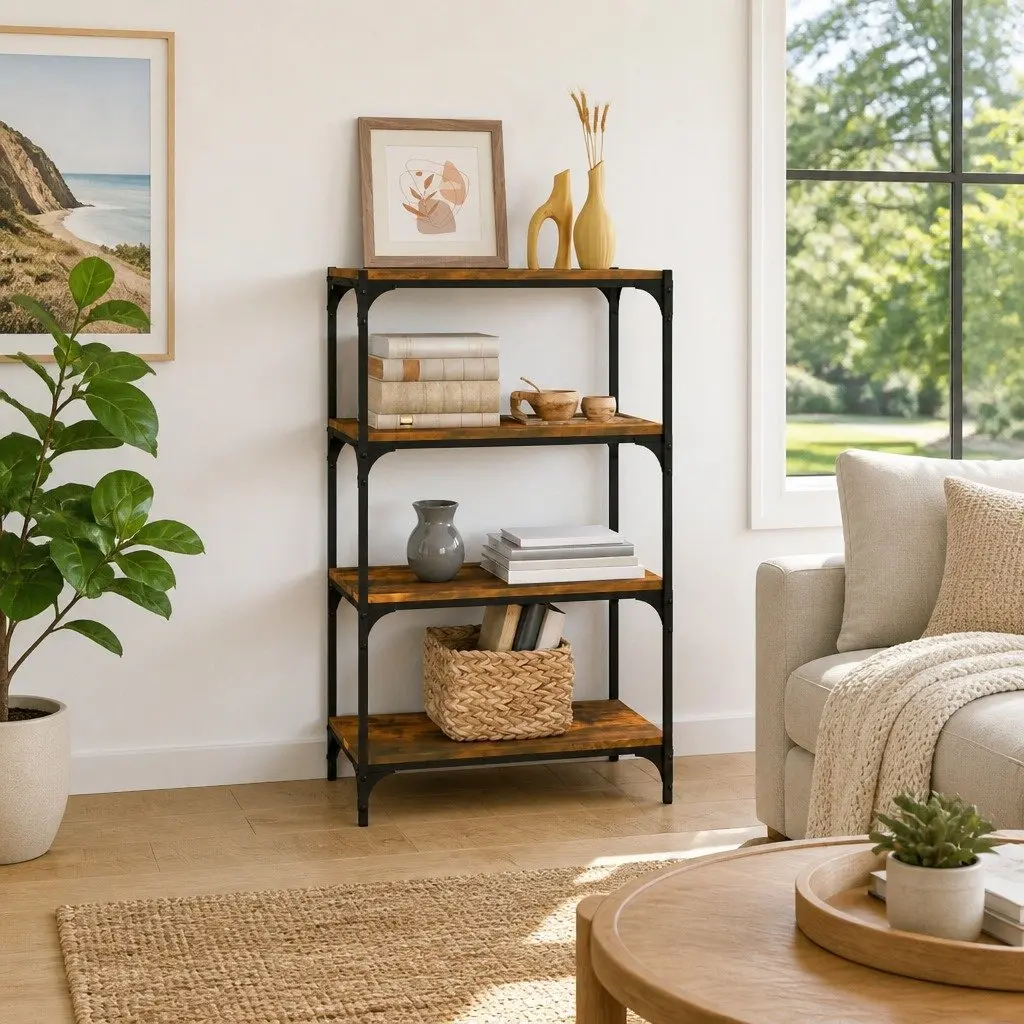 Book Cabinet Industrial Style Brown 4 Shelves Engineered Wood and Steel