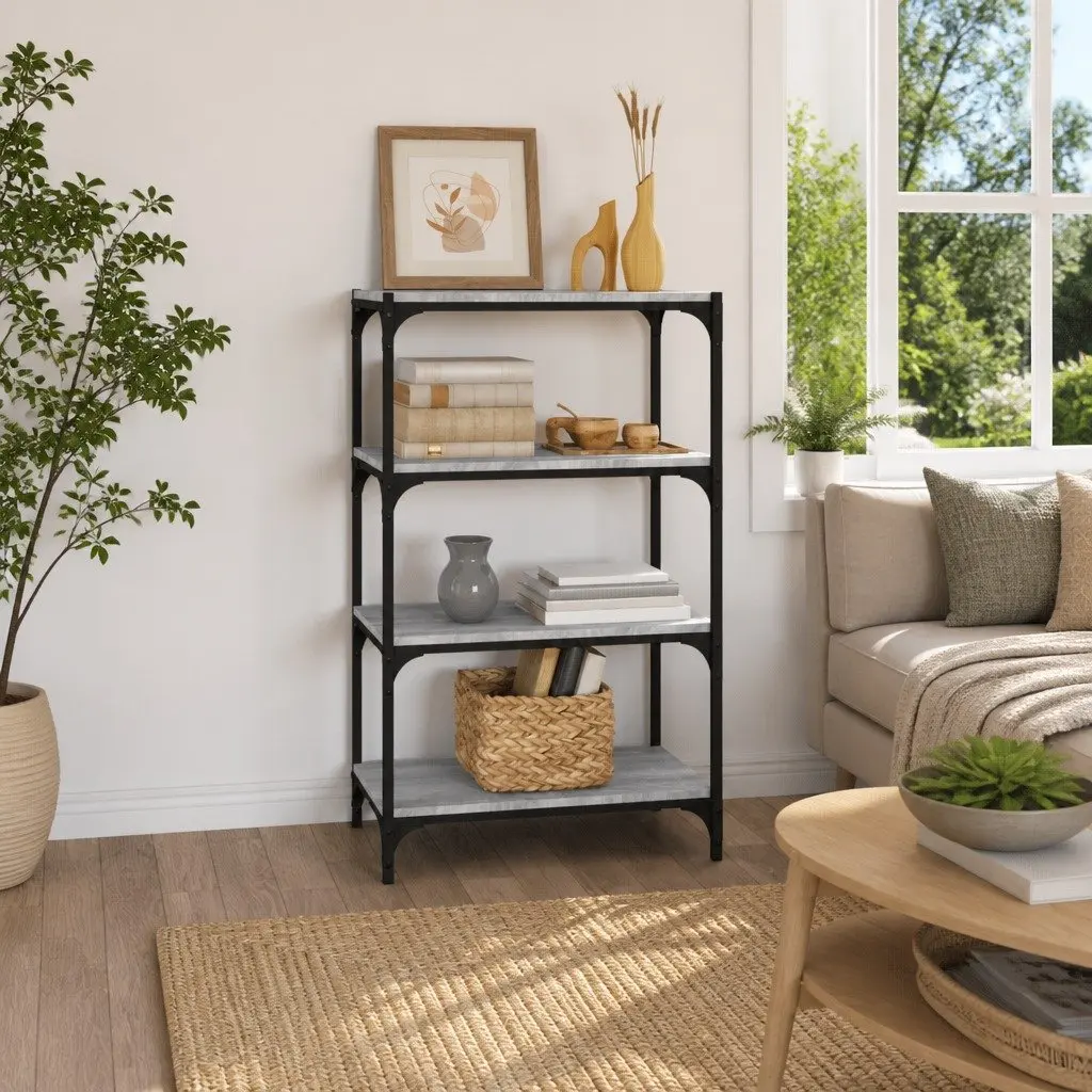 Book Cabinet Industrial Style Grey 60x33x100cm Engineered Wood Steel Frame 4 Shelves Storage Shelf