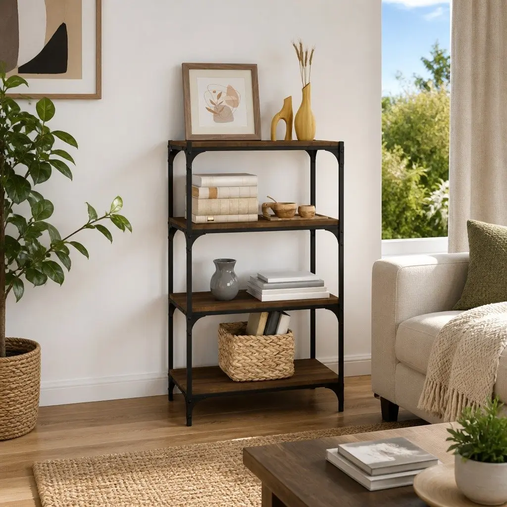 Book Cabinet Industrial Style Engineered Wood Steel Frame Brown Oak Storage 60x33x100cm