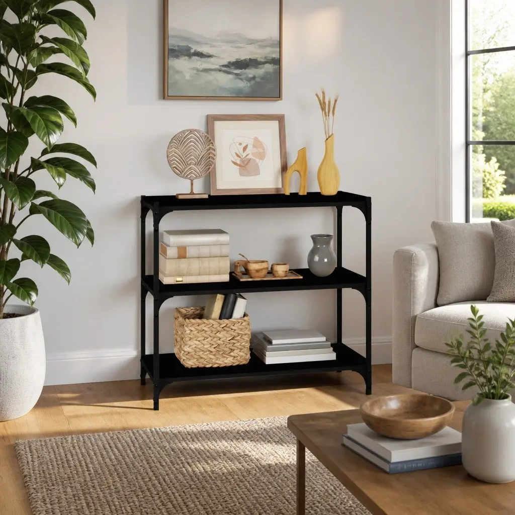 Book Cabinet Black Engineered Wood Steel Shelves Storage 80x33x70.5 cm