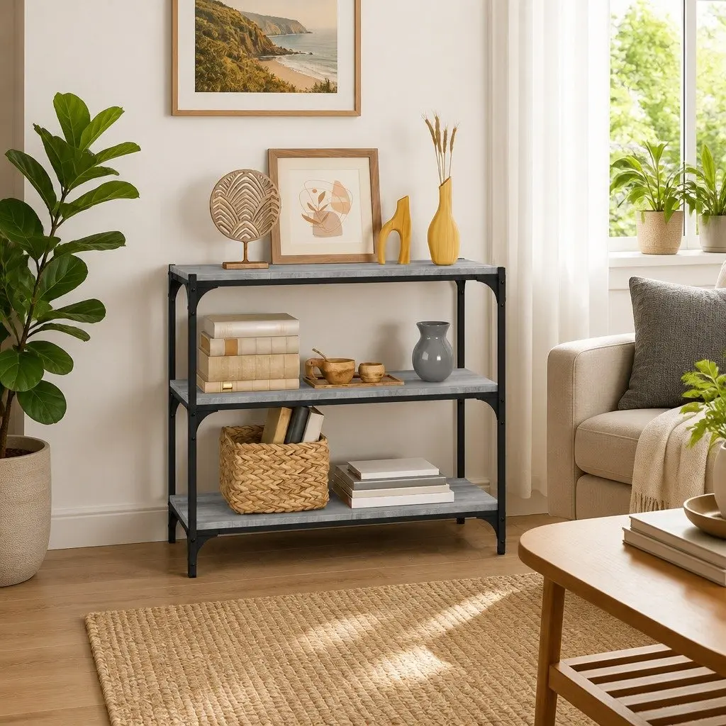 Book Cabinet Industrial Grey 3 Shelves Engineered Wood Steel Frame
