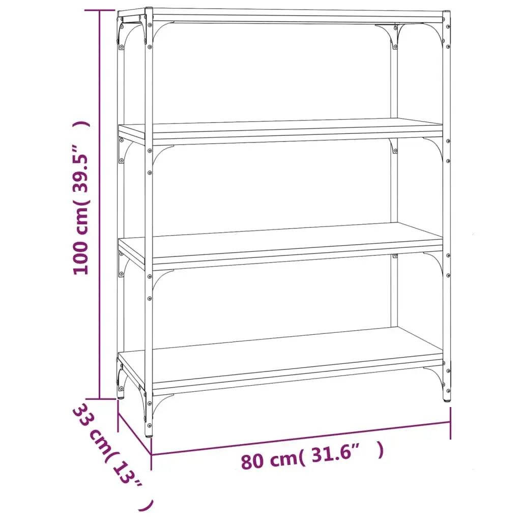 Book Cabinet Industrial Style Black 80x33x100cm Engineered Wood and Steel Frame 4 Shelf Storage Organiser