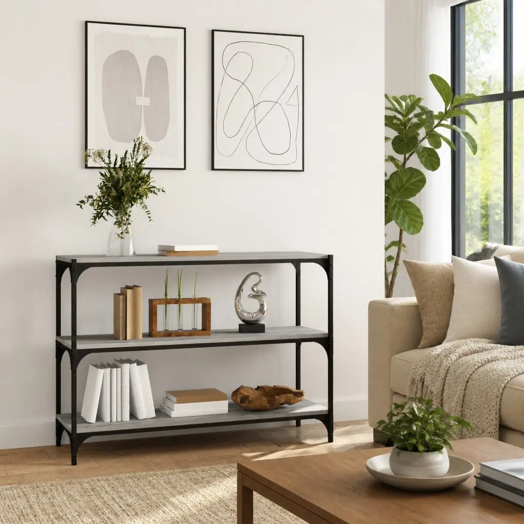 Book Cabinet Industrial Style Grey 100x33x70.5cm Engineered Wood and Steel Storage Shelving Unit