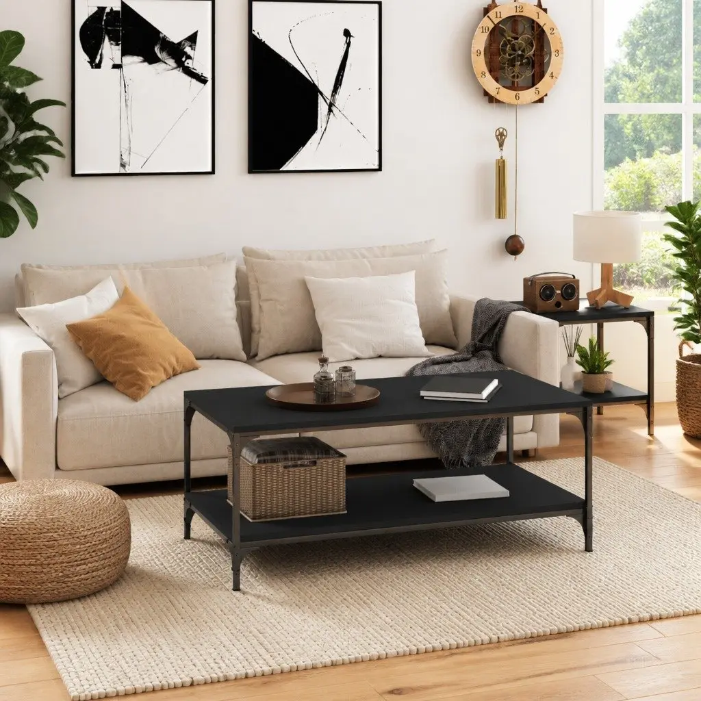Black Industrial Style Coffee Table with Storage