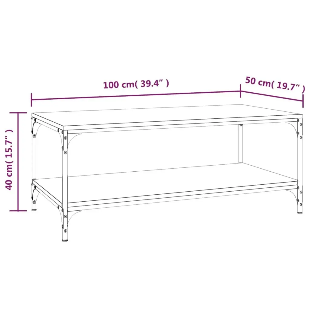 Coffee Table Brown Engineered Wood Steel Frame 100L x 50W x 40H cm