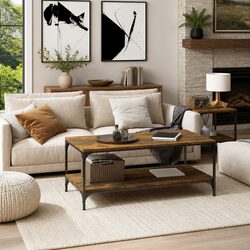 Warm Brown Coffee Table with Steel Frame and Storage