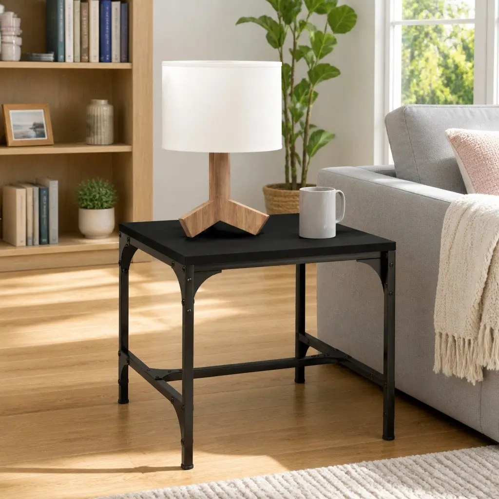 Coffee Table Black 50x50x35 cm Industrial Style Engineered Wood Steel Frame