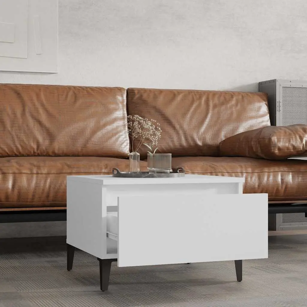 End Table White 50x46x35 cm Engineered Wood with Drawer and Metal Feet