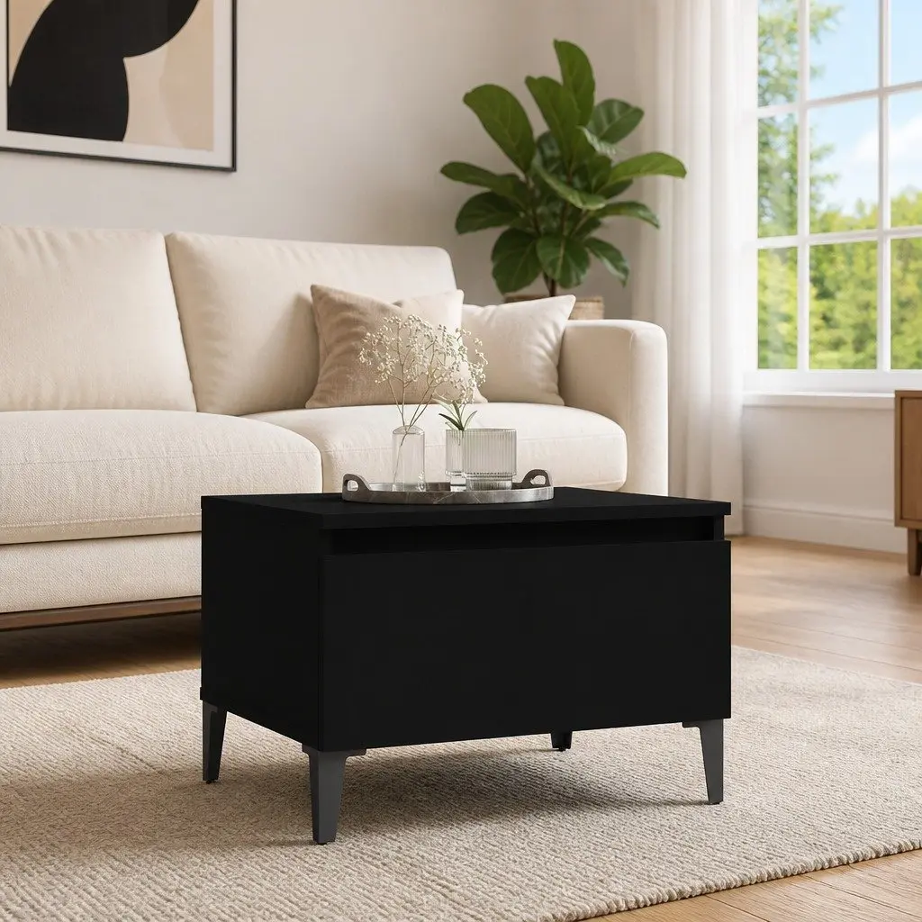 Black Engineered Wood Side Table with Drawer