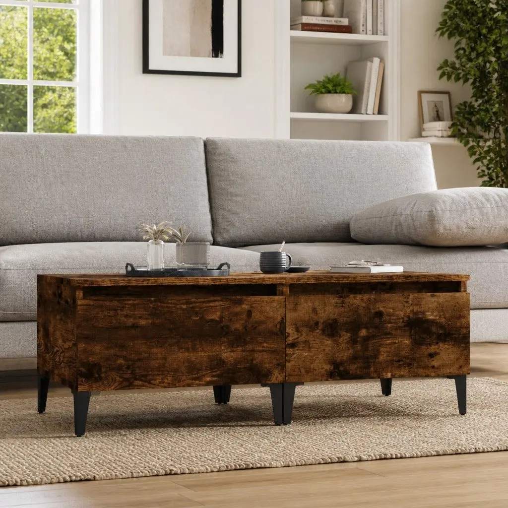 End Tables Industrial Style Smoked Oak 50W x 46D x 35H cm Engineered Wood with Metal Feet Set of 2
