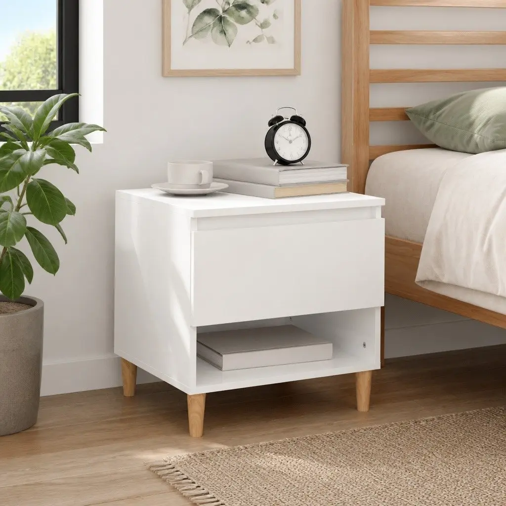 Bedside Table White High Gloss Modern Engineered Wood Nightstand Storage Cabinet