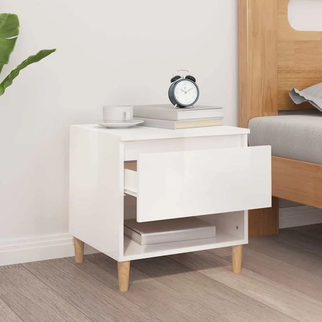 Bedside Table White High Gloss Modern Engineered Wood Nightstand Storage Cabinet