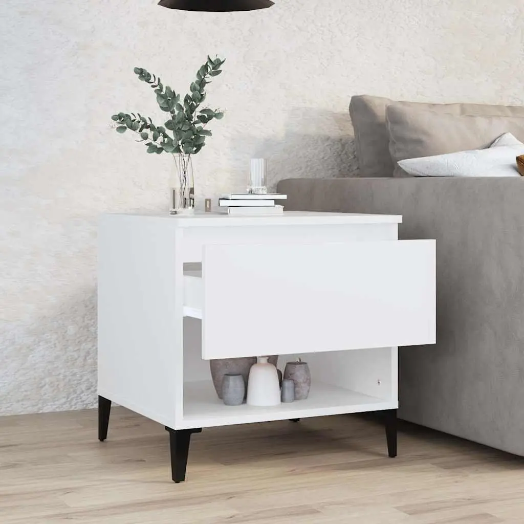 Side Table White Engineered Wood Storage Drawer Compartment Metal Feet
