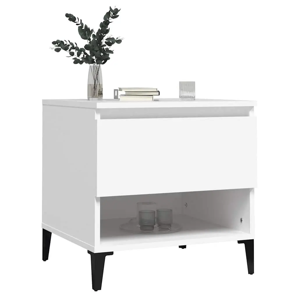 Side Table White Engineered Wood Storage Drawer Compartment Metal Feet