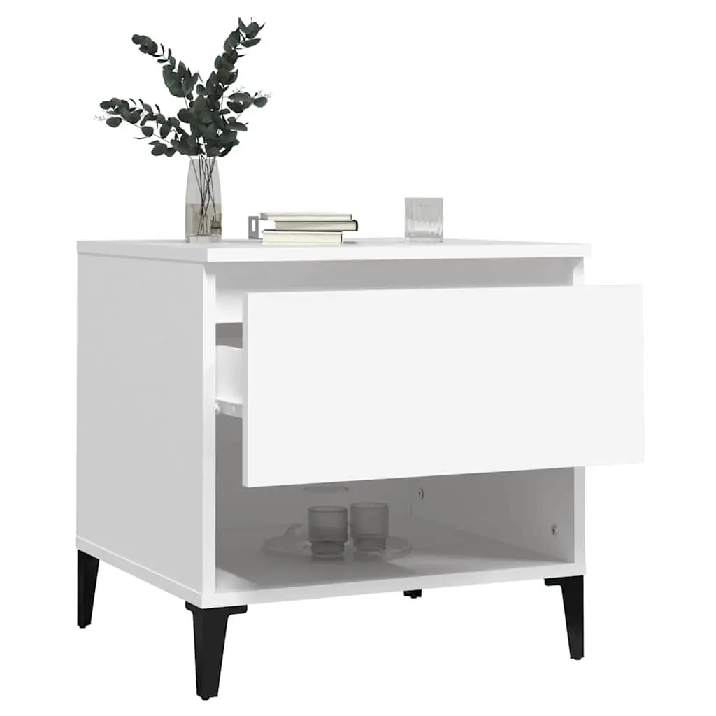 Side Table White Engineered Wood Storage Drawer Compartment Metal Feet