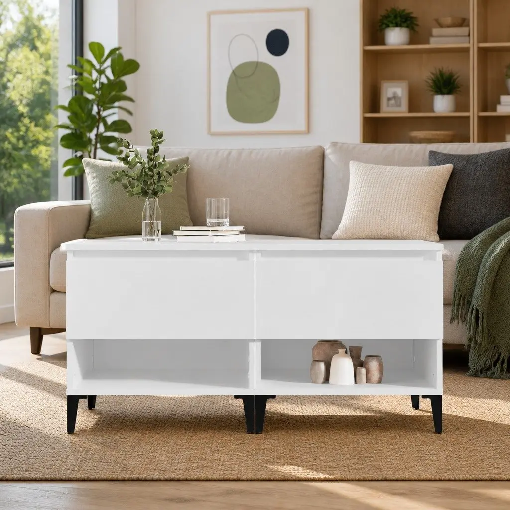 White Engineered Wood Side Tables with Storage Drawer