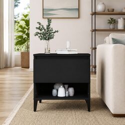 Black Engineered Wood Side Table with Drawer Storage