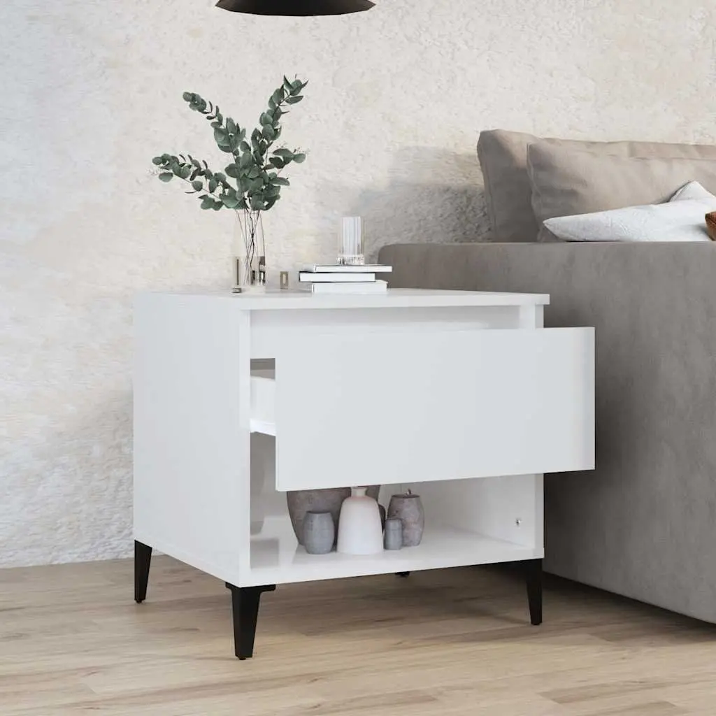 End Table White High Gloss 50cm Engineered Wood with Metal Feet