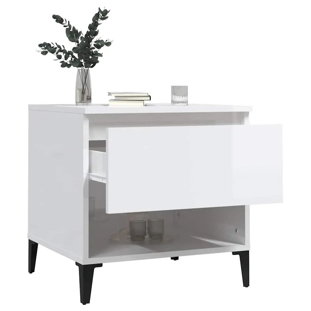End Table White High Gloss 50cm Engineered Wood with Metal Feet
