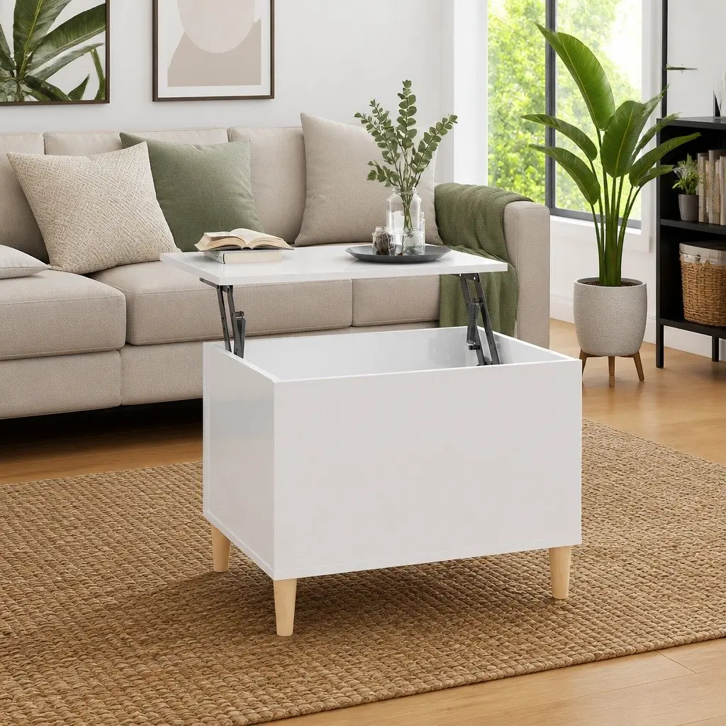 Lift Top Coffee Table White High Gloss Engineered Wood 60x44.5x45cm with Hidden Storage Compartment