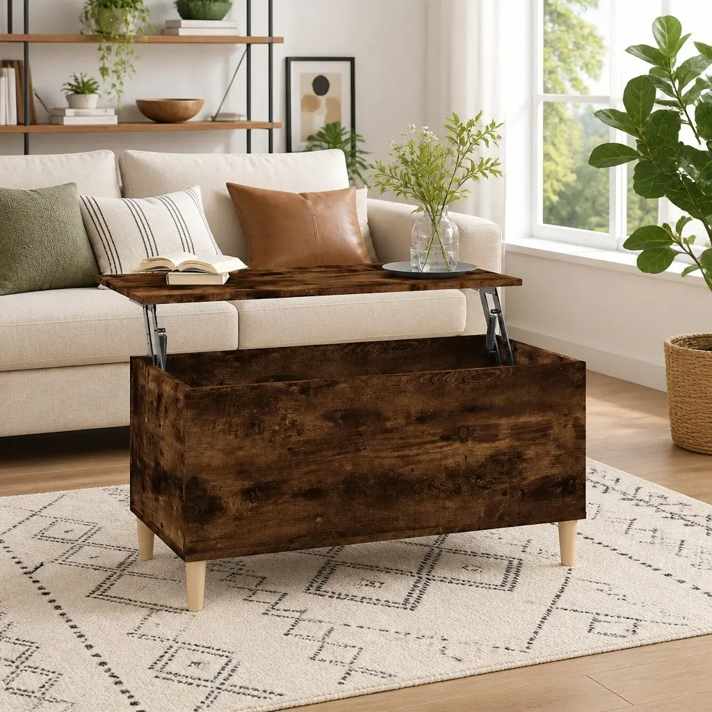 Lift Top Coffee Table Smoked Oak Brown Engineered Wood Hidden Storage Organizer