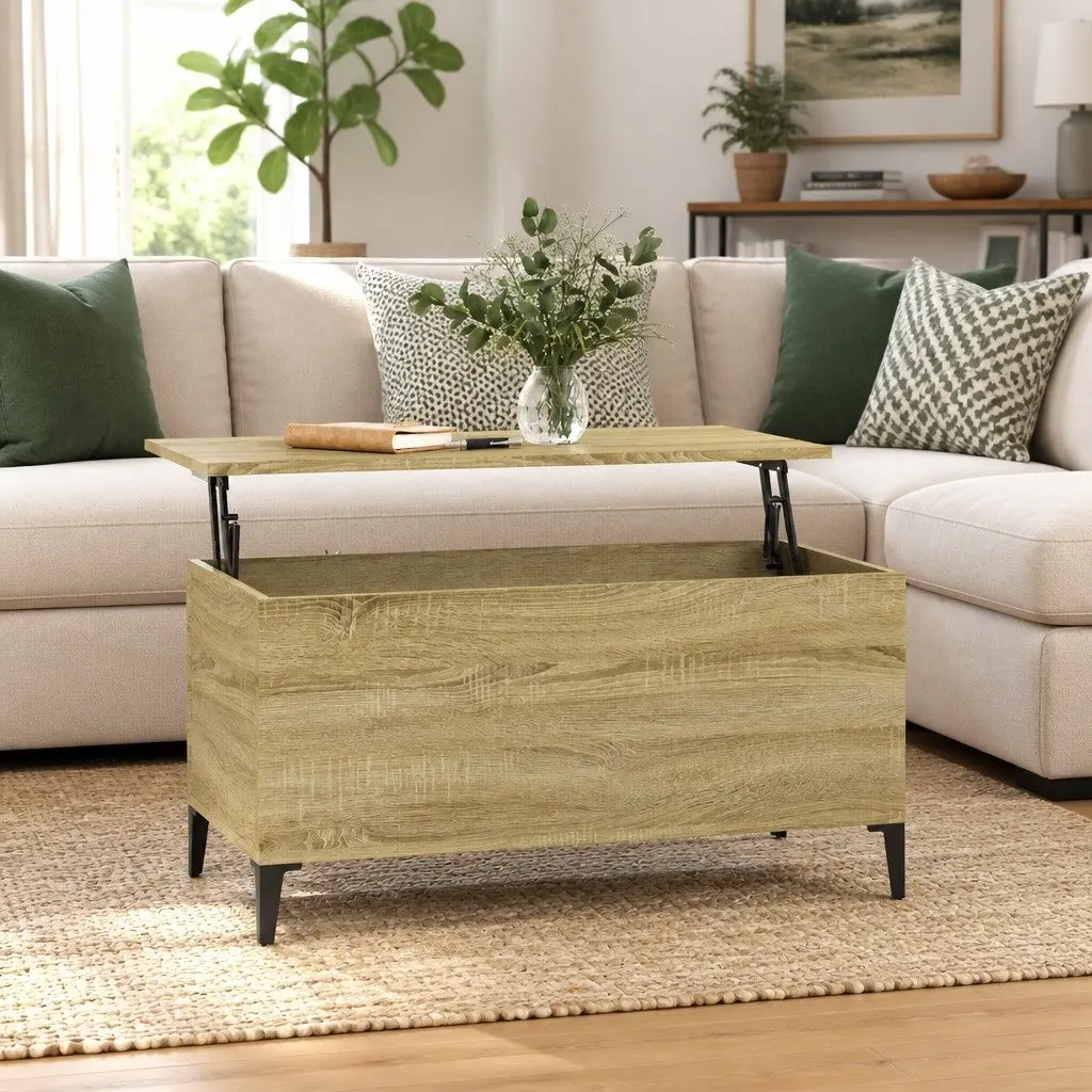 Lift Top Coffee Table Brown Engineered Wood 90L x 44.5W x 45H cm Storage Sofa Side Table
