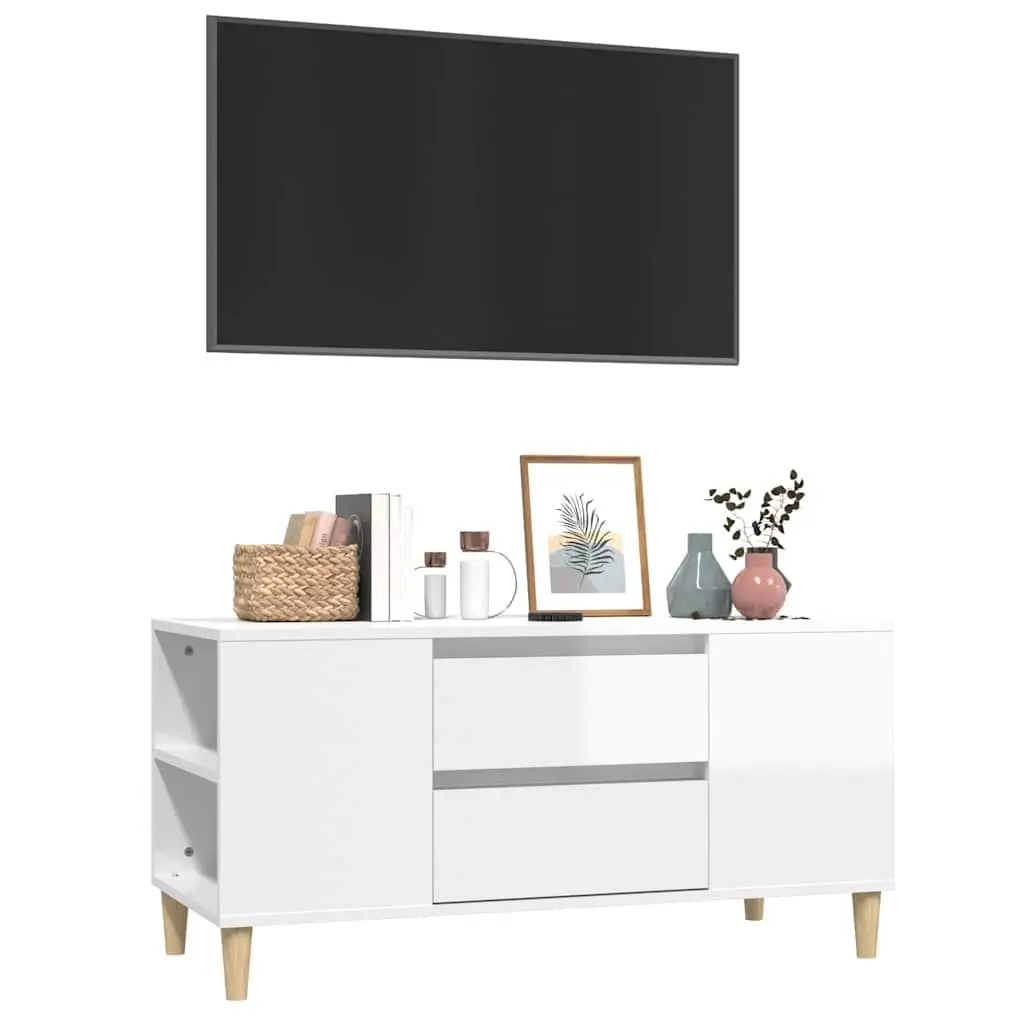 TV Cabinet White High Gloss Modern Storage Unit 102cm Engineered Wood