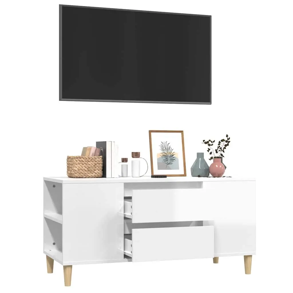 TV Cabinet White High Gloss Modern Storage Unit 102cm Engineered Wood