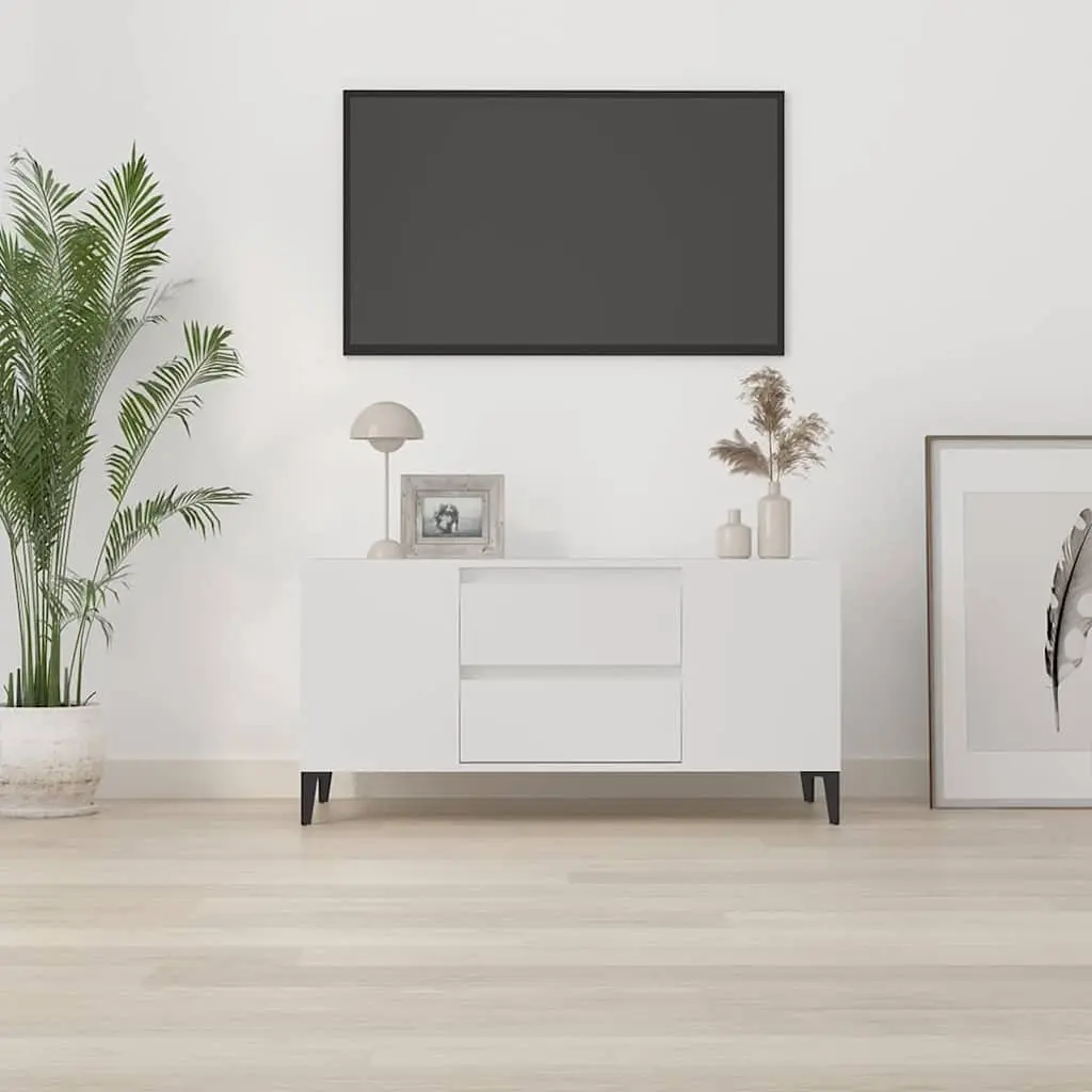 TV Cabinet White 102x44.5x50 cm Engineered Wood Modern Storage Unit with Open Compartments and Drawers