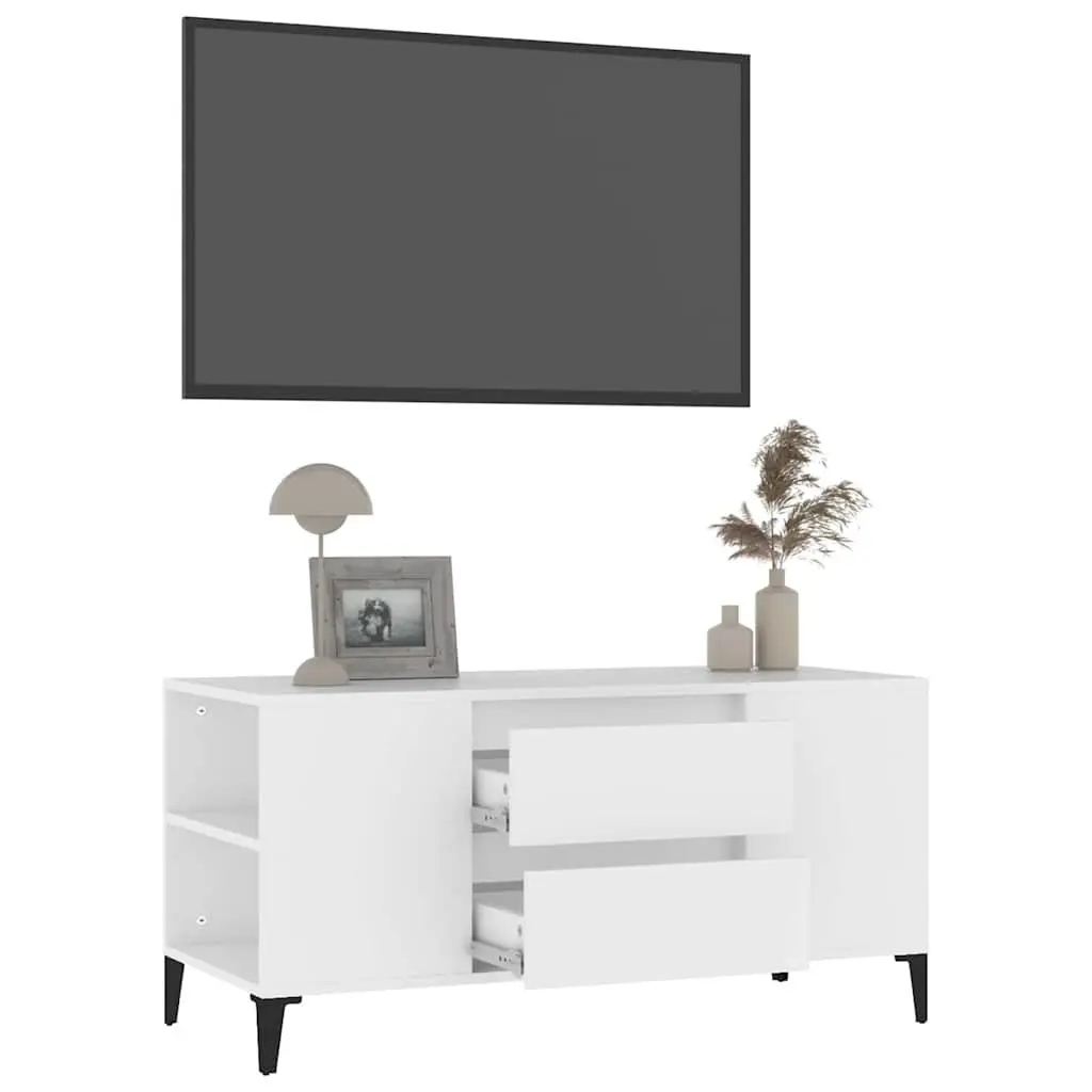 TV Cabinet White 102x44.5x50 cm Engineered Wood Modern Storage Unit with Open Compartments and Drawers