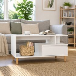 Elegant White Coffee Table with Drawer Storage 90x49x45 cm