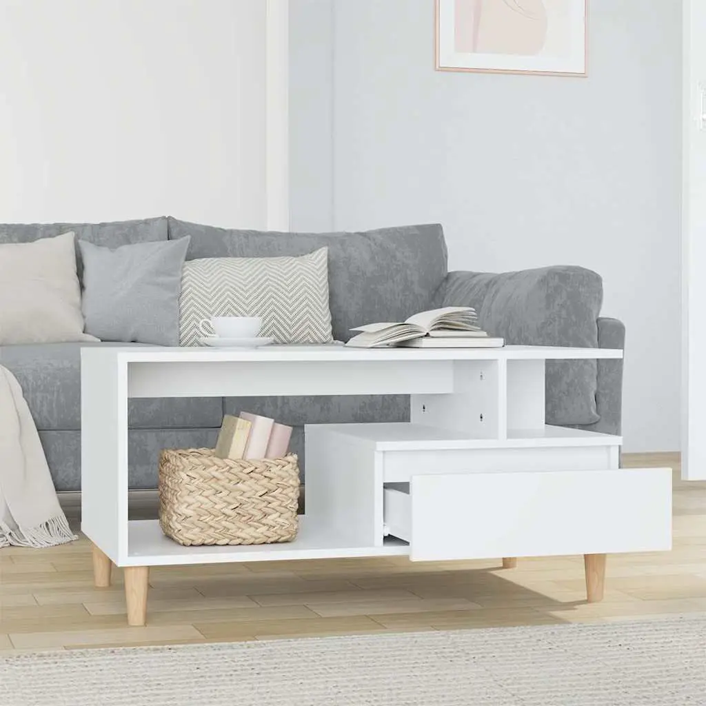 Coffee Table White 90x49x45 cm Engineered Wood with Drawer Storage Compartments