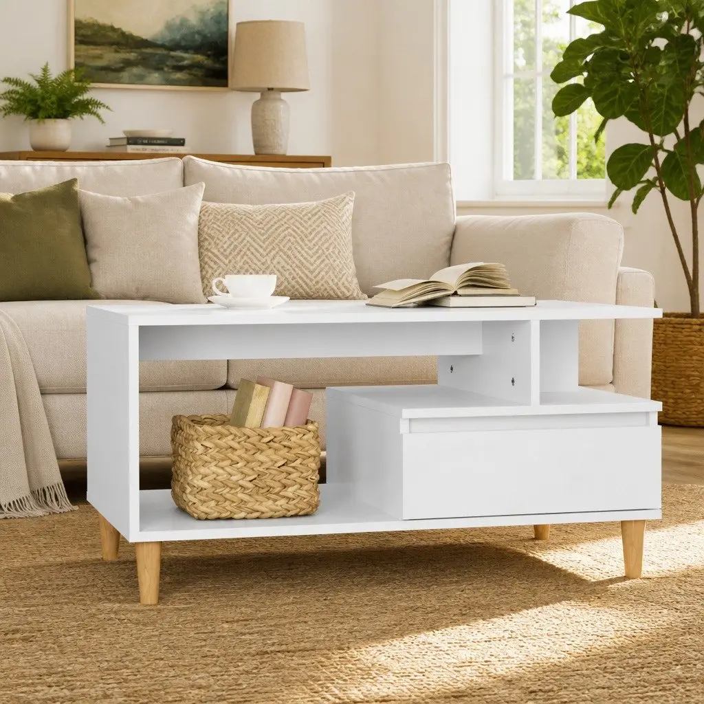 High Gloss White Coffee Table with Open Shelves and Drawer
