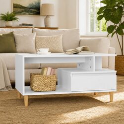 High Gloss White Coffee Table with Open Shelves and Drawer