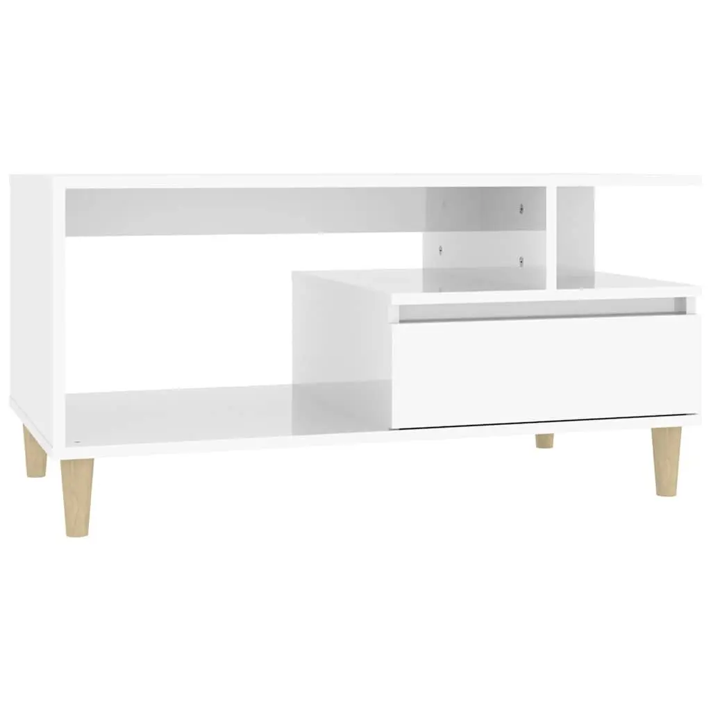 High Gloss White Coffee Table with Open Shelves and Drawer