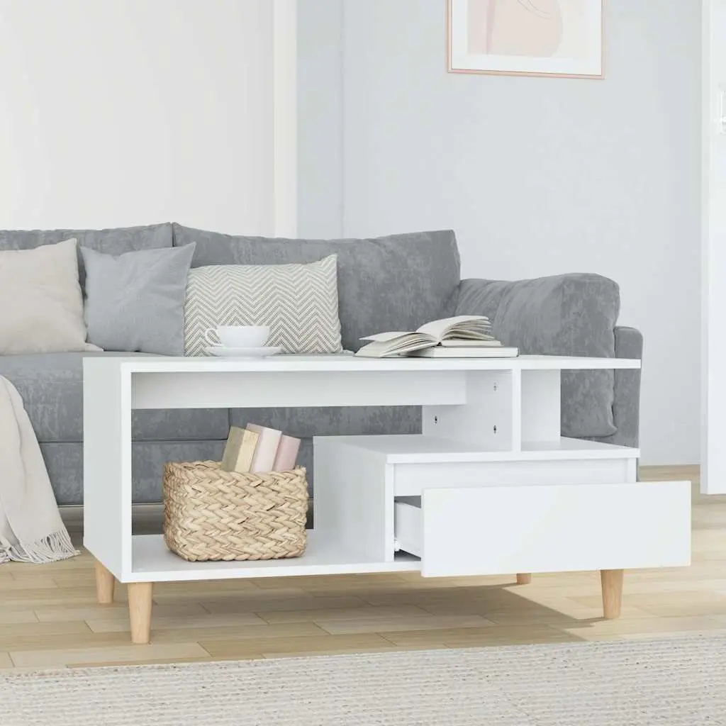 High Gloss White Coffee Table with Open Shelves and Drawer