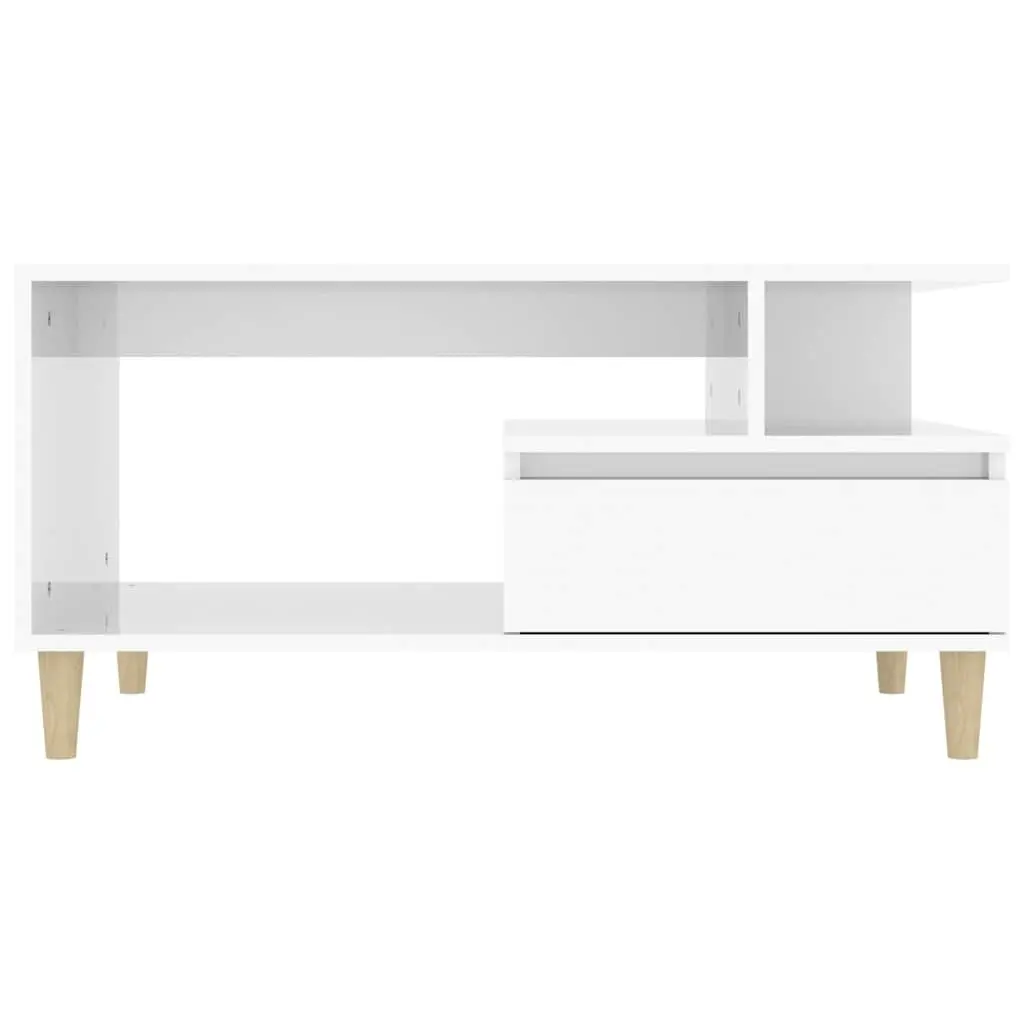 High Gloss White Coffee Table with Open Shelves and Drawer