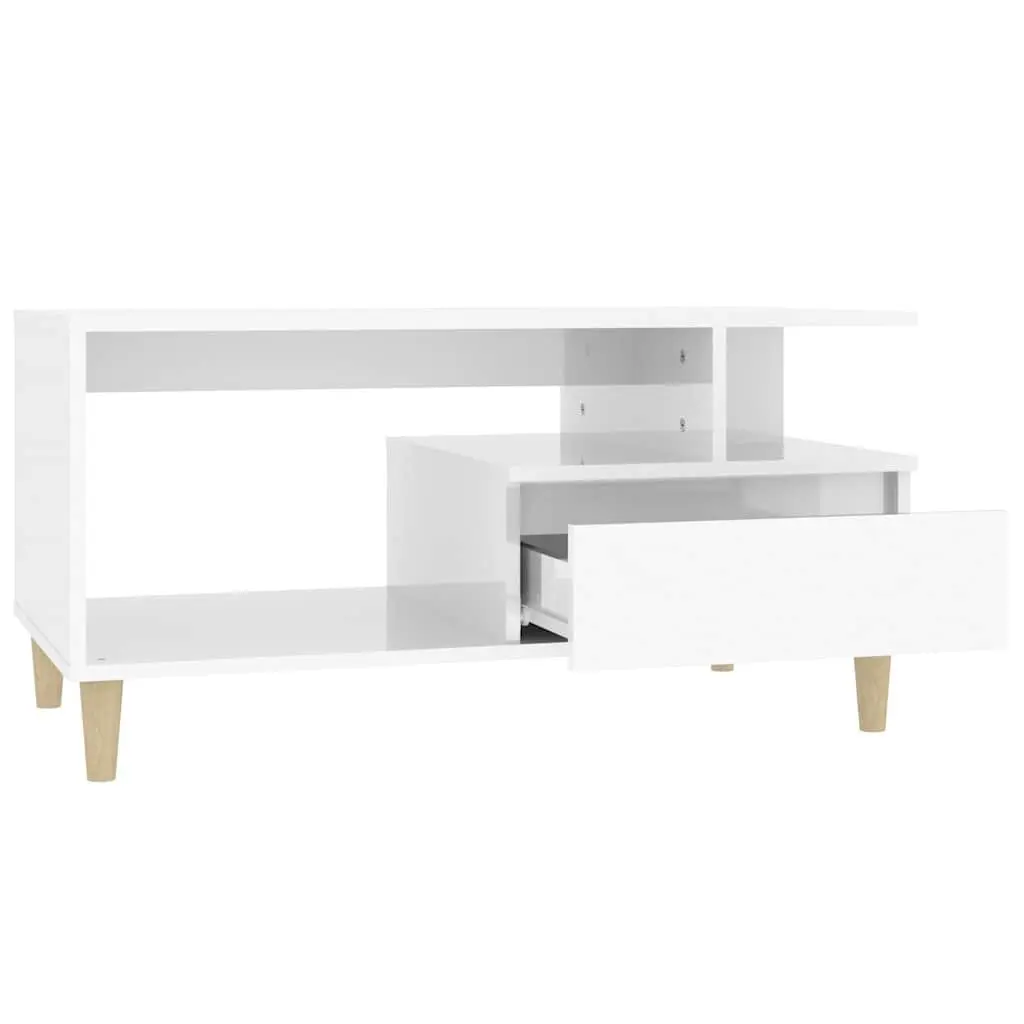 High Gloss White Coffee Table with Open Shelves and Drawer