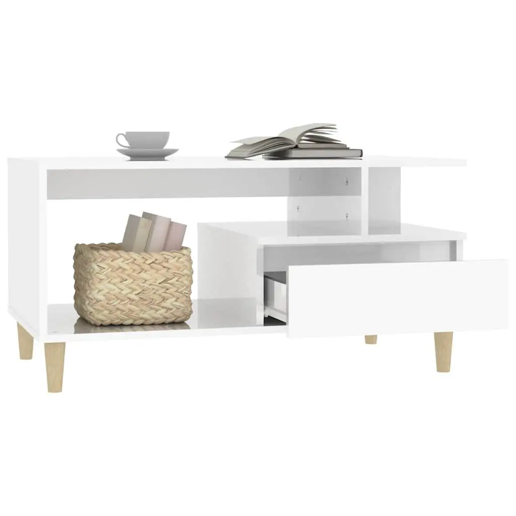 High Gloss White Coffee Table with Open Shelves and Drawer