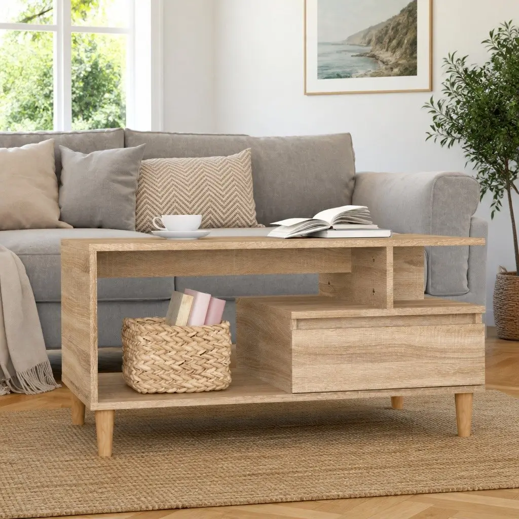 Coffee Table with Storage Drawer Open Shelves Wooden Legs Brown Accent Furniture